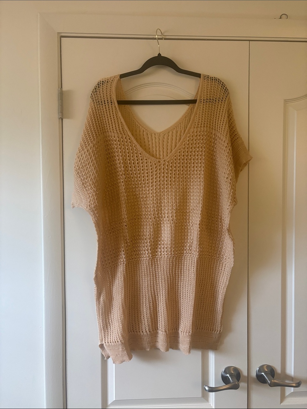 Open-Knit V-Neck Swim Cover Up Tunic in Beige